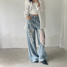 美式破洞蕾丝拼接拖地牛仔裤女辣妹高街设计感复古宽松慵懒阔腿裤