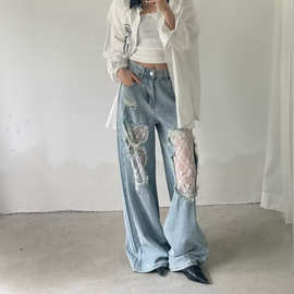 美式破洞蕾丝拼接拖地牛仔裤女辣妹高街设计感复古宽松慵懒阔腿裤