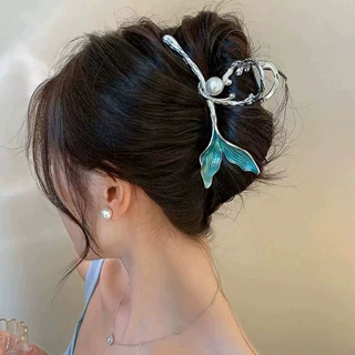 女大号蓝色合金珍珠鱼尾抓夹发量多后脑勺盘发夹子高级感时尚头饰
