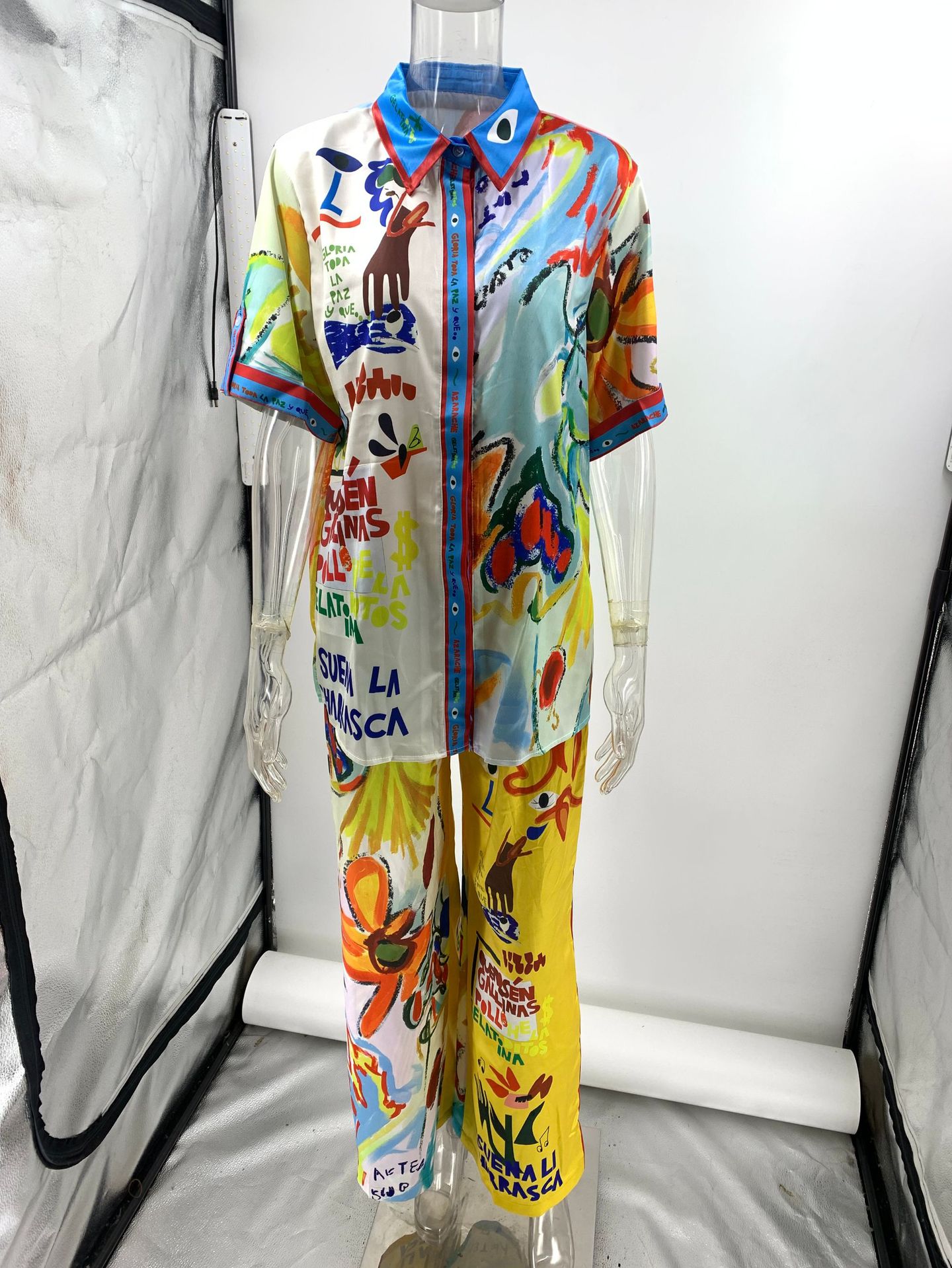 Personality Satin Printed Short Sleeve Vacation Casual Lace Two Piece Sets
