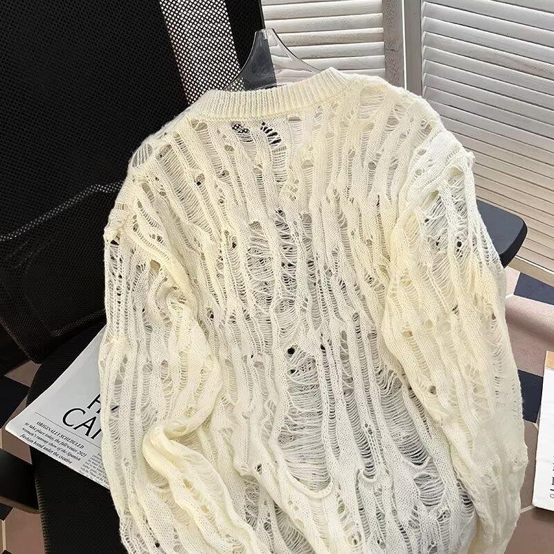 Übergroßer, lässiger Strickpullover für Herren mit einzigartigem Cut-Out-Design. Lockere Passform, lange Ärmel, bequemer Pullover für den Alltag (mehrere Farben)_voghion.com