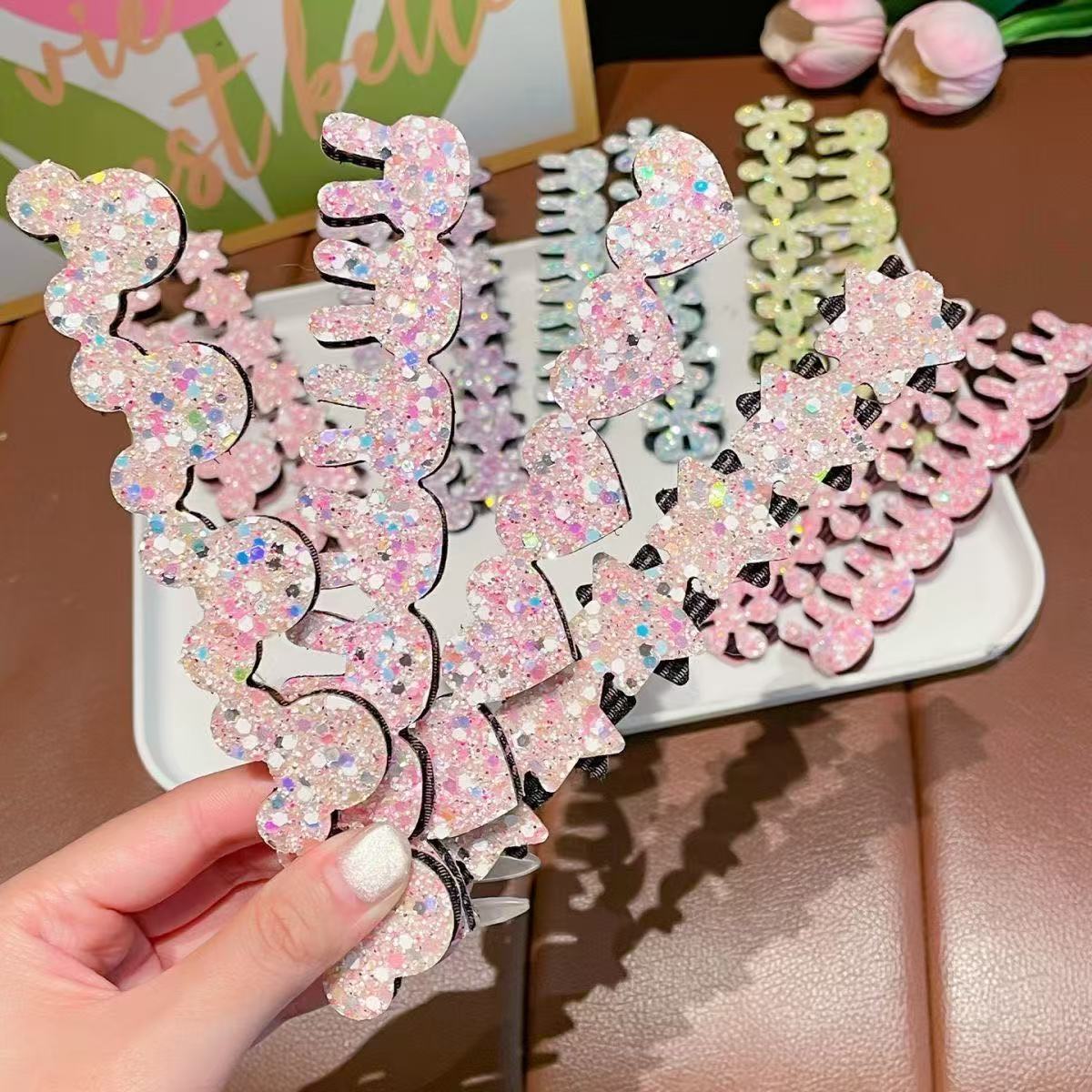 Children's Glitter Flower Magic Tape Headband, Small Animal Hairband for Girls, Hair Accessory for Little Girls, Rhinestone Headpiece