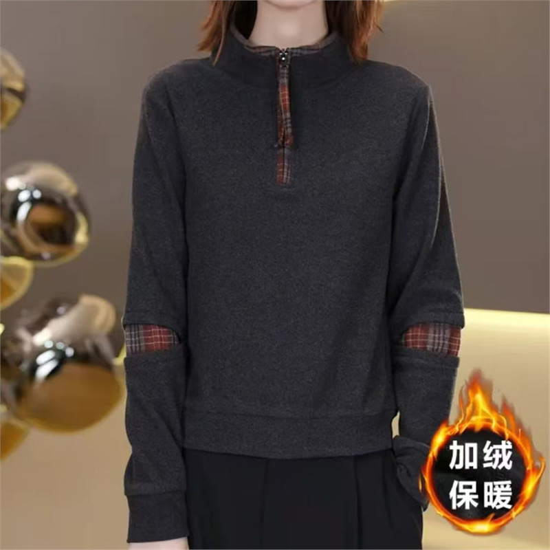 Dropshipping Original Fabric 2025 Autumn and Winter Popular Fashion Casual Age-Reducing Splicing Plaid One-Piece Velvet Bottoming Shirt