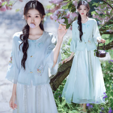 实拍新中式盘扣圆领女装刺绣开衫改良款汉服中袖上衣半身裙两件套