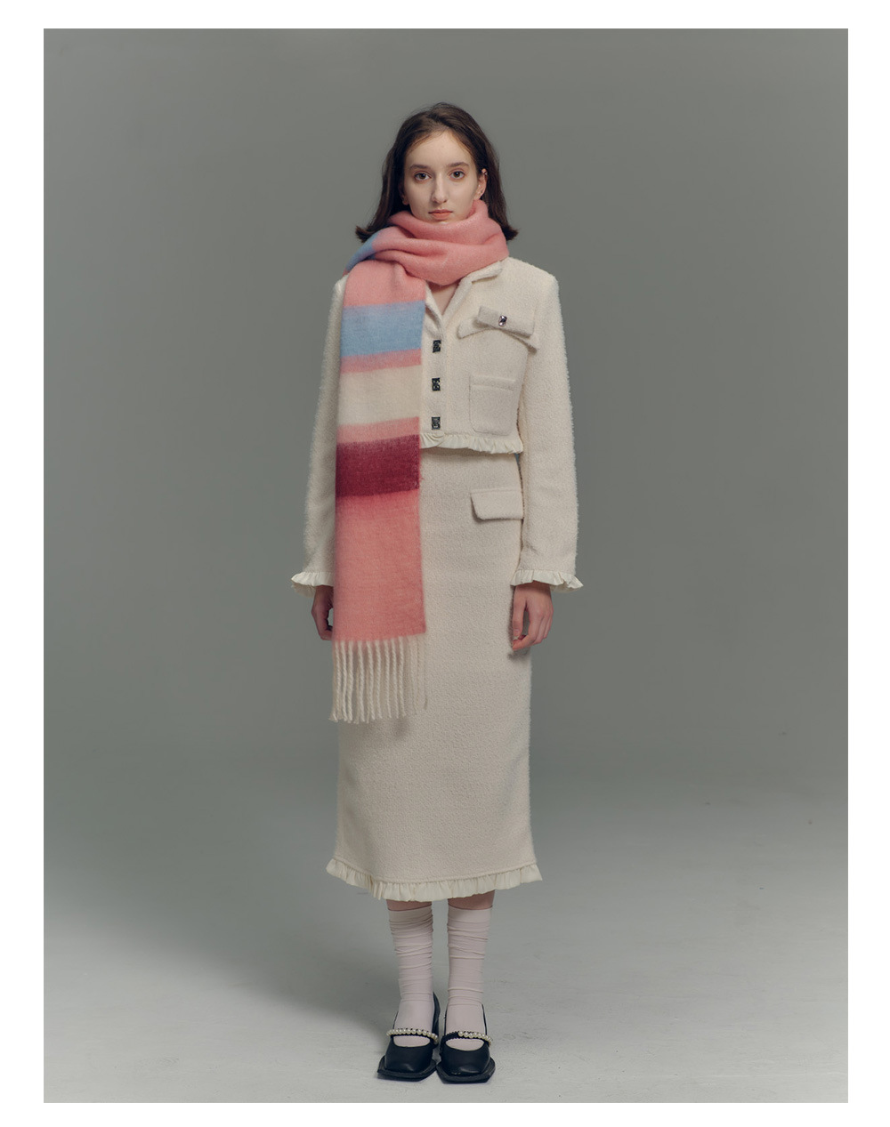 Designer-Schal mit Fransen aus Kaschmirimitat in Regenbogenfarben mit passenden Streifen für Damen im Herbst-/Winter-Stil mit weichem, verlängertem Halsausschnitt_voghion.com