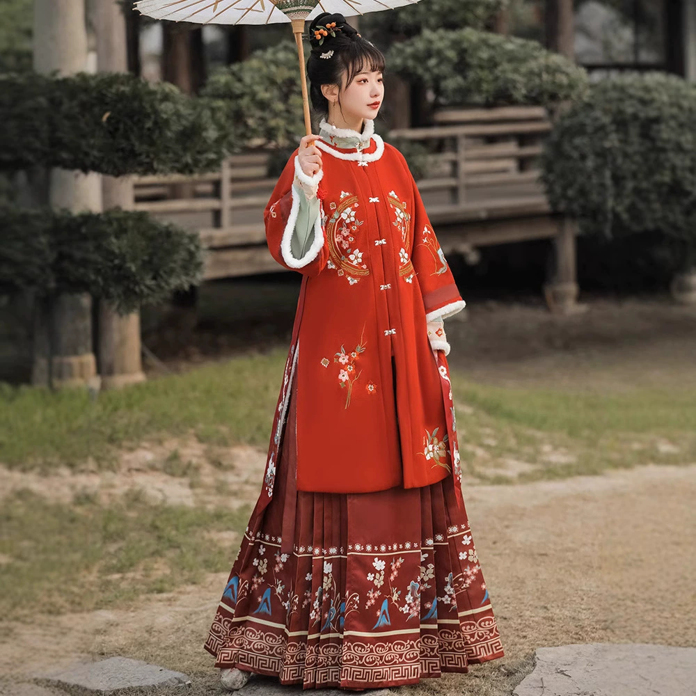 Оригинальный Hanfu женский китайский стиль с круглым вырезом, теплый воротник осенью и зимой