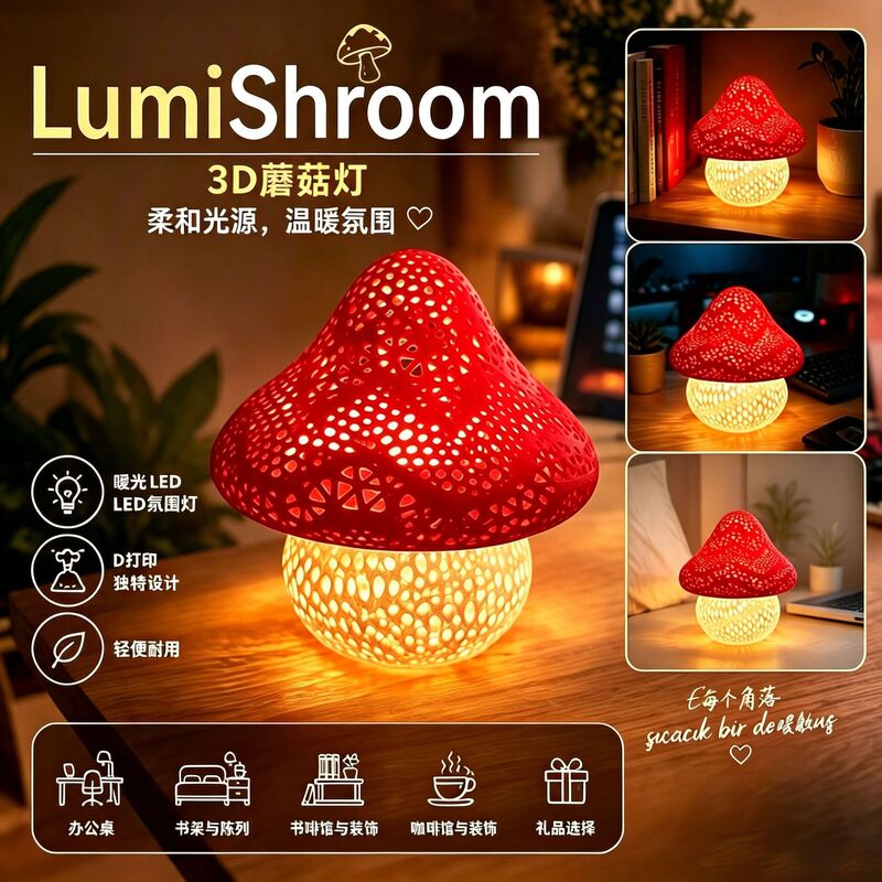 New Creative 3D Cross-Border Mushroom Night Light, Sleep Companion Lamp, Romantic Decorative Atmosphere Light for Bedroom Bedside, Desktop Ornament