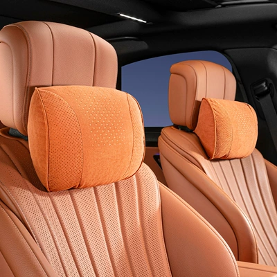 Headrest: Car Cushion and Neck Pillow - s-style-suede-emma-orange-headrest-pair