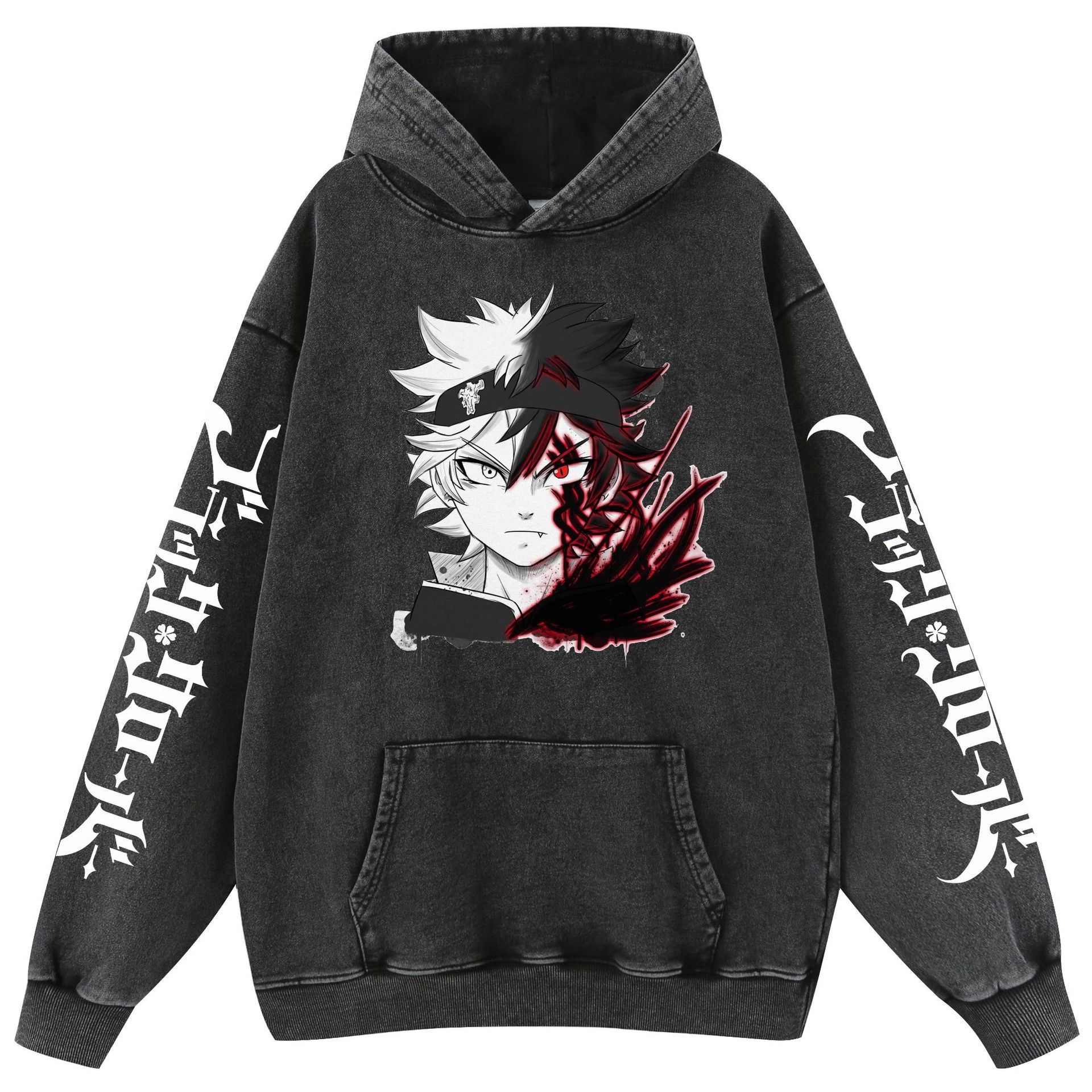 Nuevo trébol negro transfronterizo Black Clover Lavado retro viejo suéter con capucha de algodón para hombres y mujeres