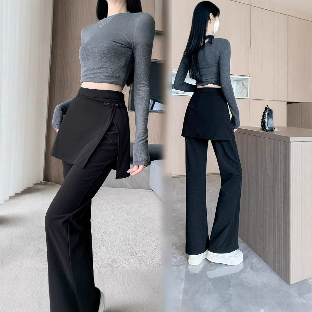 Большой размер женский 2025 весна высокая талия эластичные фартук с расклешенными брюками модные брюки