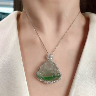 Natural Ice Jade Floating Green Flower Buddha Pendant 18K Gold genuine goods Burma A Goods Glass Jade Pendant