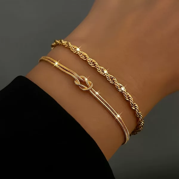 Women's Fashion Stainless Steel Bracelet Set, Cross-Border Hot-Selling Vacuum-Plated 18K Real Gold Plain Chain Titanium Steel Bracelet