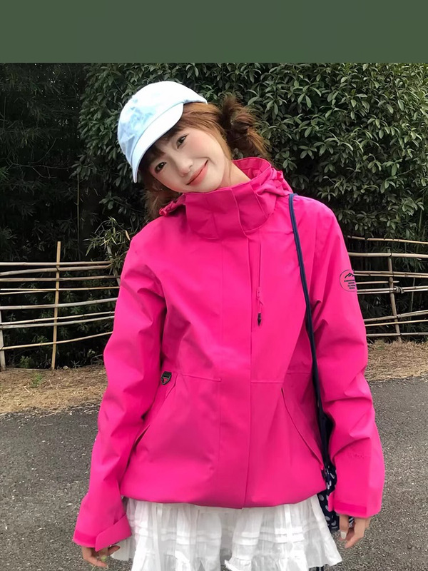 啄木鸟山系冲锋衣女士户外男防风防水三合一登山服玫红色外套|undefined
