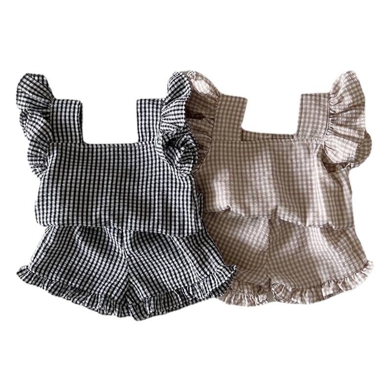 Traje de correa para la oreja de madera para niñas Ropa para niños de estilo coreano Traje a cuadros de niña delgada de verano Bebé Traje de dos piezas de verano