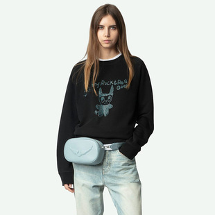 25 Spring New French Niche ZV Classic Monster Hot Drilling Black Raglan Sleeve Women's Round Neck Sweater Shirt