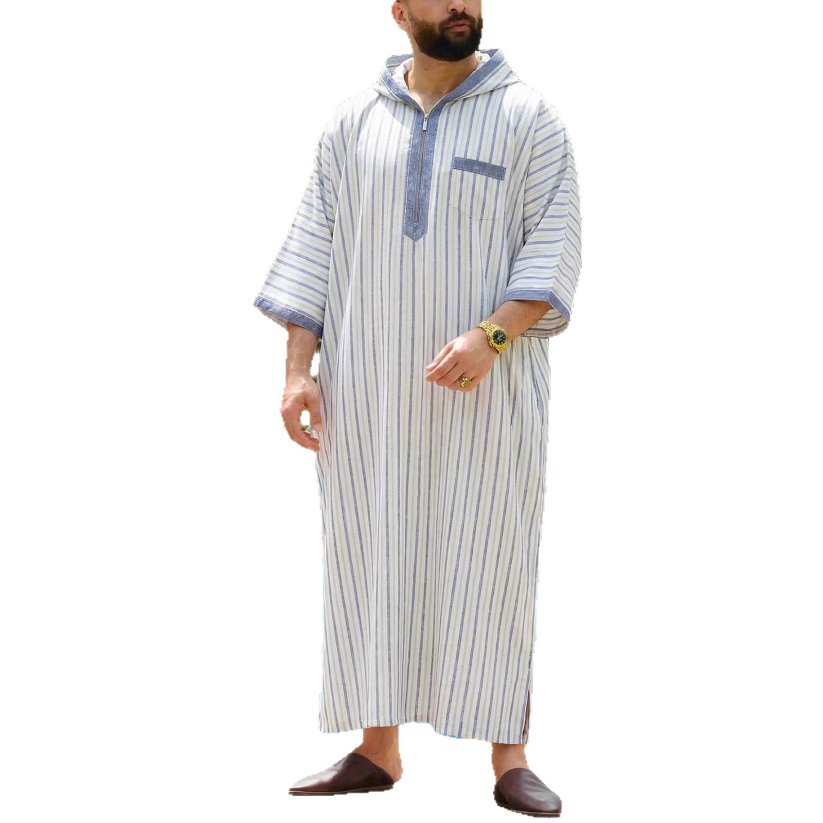 Middle Eastern Men's Robe, Short Sleeved, Hooded, Zippered Design; Arab Men's Clothing; Muslim Festival Traditional Clothing_voghion.com