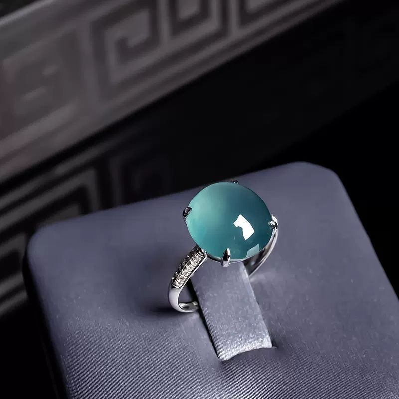 Anello da donna in giada blu antico placcato in calcedonio tipo ghiaccio con argento S, molto venduto_voghion.com