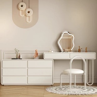 Dressing Table Storage Cabinet Integrated Bedroom Wabi-Sabi Style Internet Celebrity Bedside Chest of Drawers Retractable Corner Light Luxury Makeup Table Solid Wood