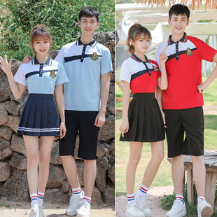Summer Sportswear Color-block Short-sleeved Shorts Pleated Skirt College Style Casual Korean Style School Uniform for Middle School Students Class Clothes suit