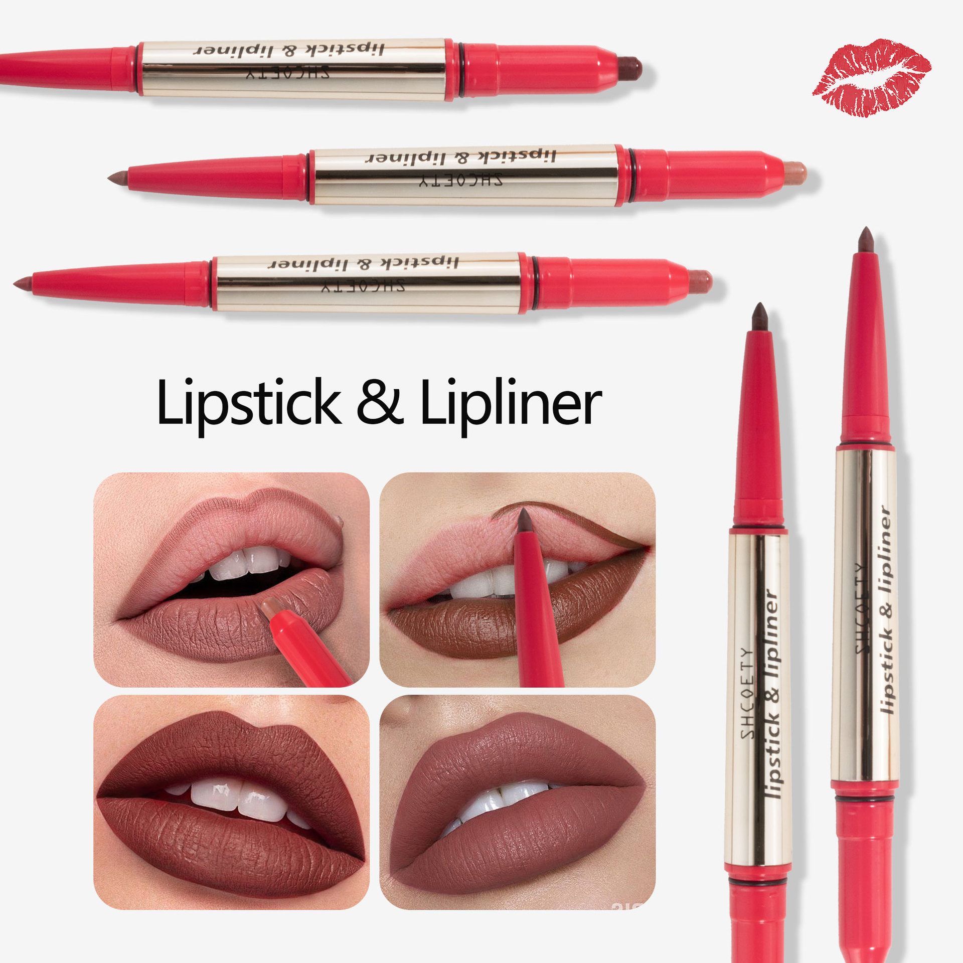 SHCOETY Double-headed red Lip liner pen, two-in-one multi-color matte long-lasting lip filling without fading, cross-border outlining pen undefined