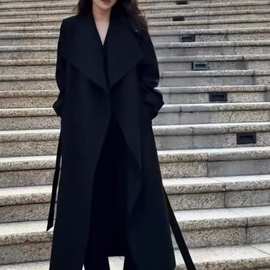 黑色毛呢大衣女感长款2025秋冬季新款韩系赫本风过膝呢子外套