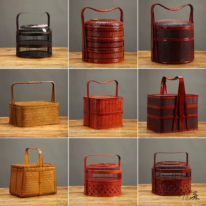 Счастливая красная корзина, бамбуковая корзина, бамбуковая многослойная корзина в японском стиле для еды, китайская свадебная портативная корзина для хранения, праздничная сельская зона