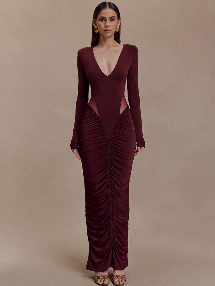 Foreign Trade Autumn and Winter New European and American Fashion Solid Color Deep V Sexy Waist-Exposing Ruched Waist-Hugging Bodycon Dress for Women