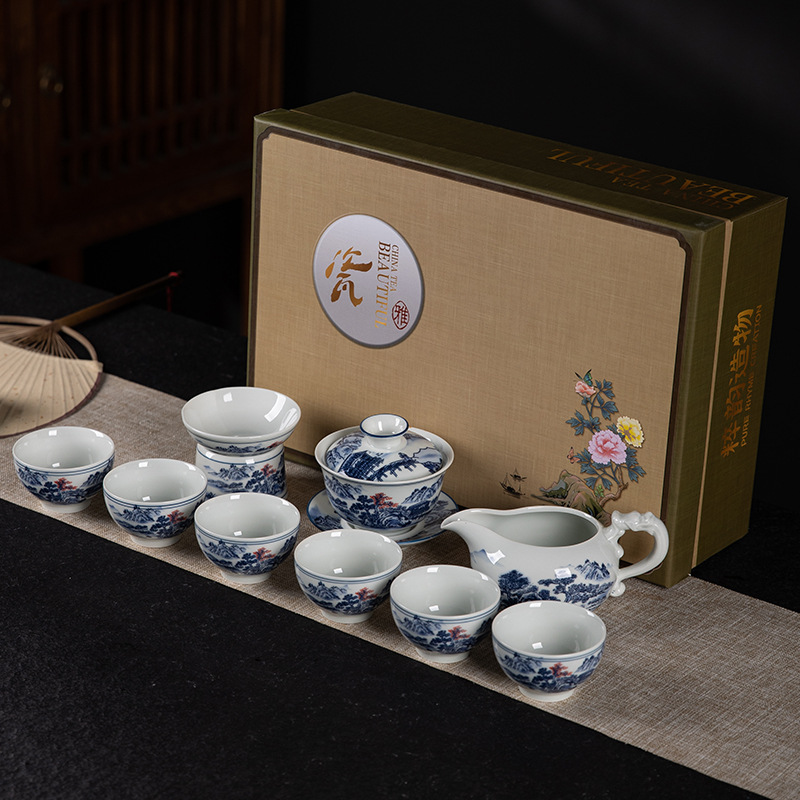 Blue and White Hand-painted Landscape Ceramic Gongfu Tea Set for Home Living Room, Cover Pot and Teacups, Complete Set for Gifting
