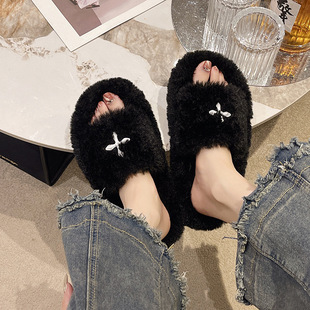 2024 autumn and winter new cruciferous teddy Mao Mao slippers women's one-word slipper outdoor thick-soled slippers home cotton slipper
