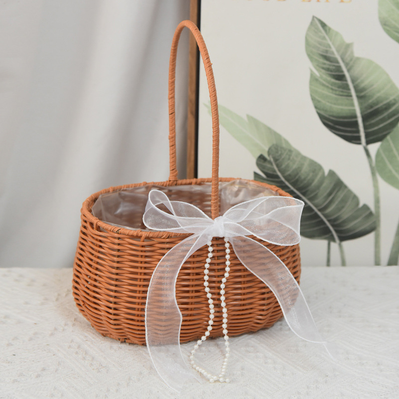 Cesta de flores de ratán tejida a mano, cesta de flores frescas portátil, cesta de paja, cesta de bambú, decoración para bebés, cesta de flores para el hogar.