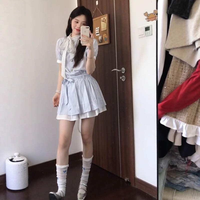 2025 New Summer Korean Preppy Style Design Polka Dot Stripesd Lace-Up Waist Slimming Look Shirt Dress for Women