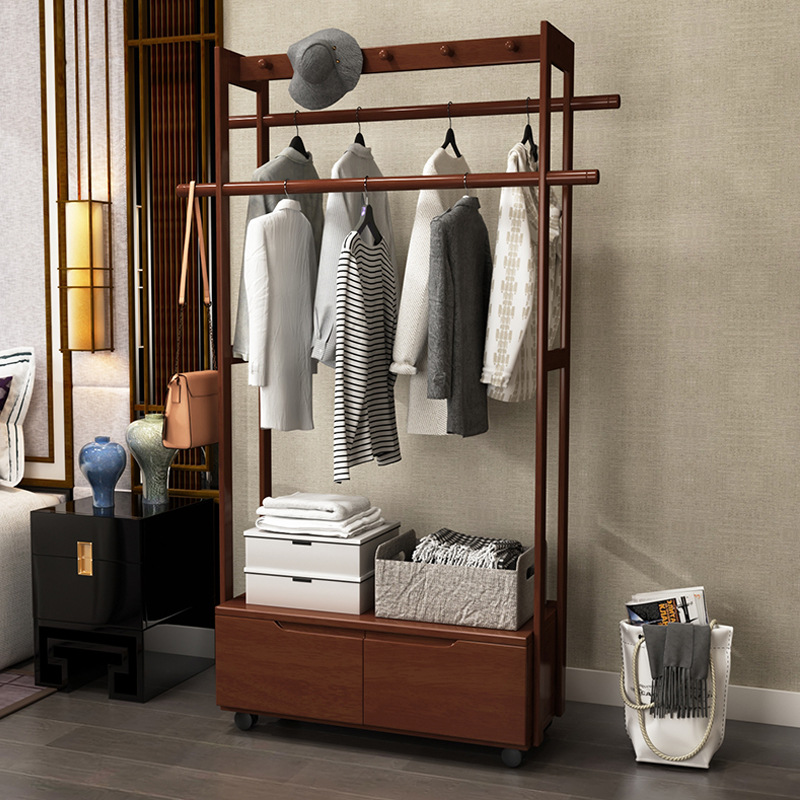 Wooden floor-standing coat rack, bedroom hanging rack, Nordic living room clothing stand, new Chinese minimalist modern storage cabinet