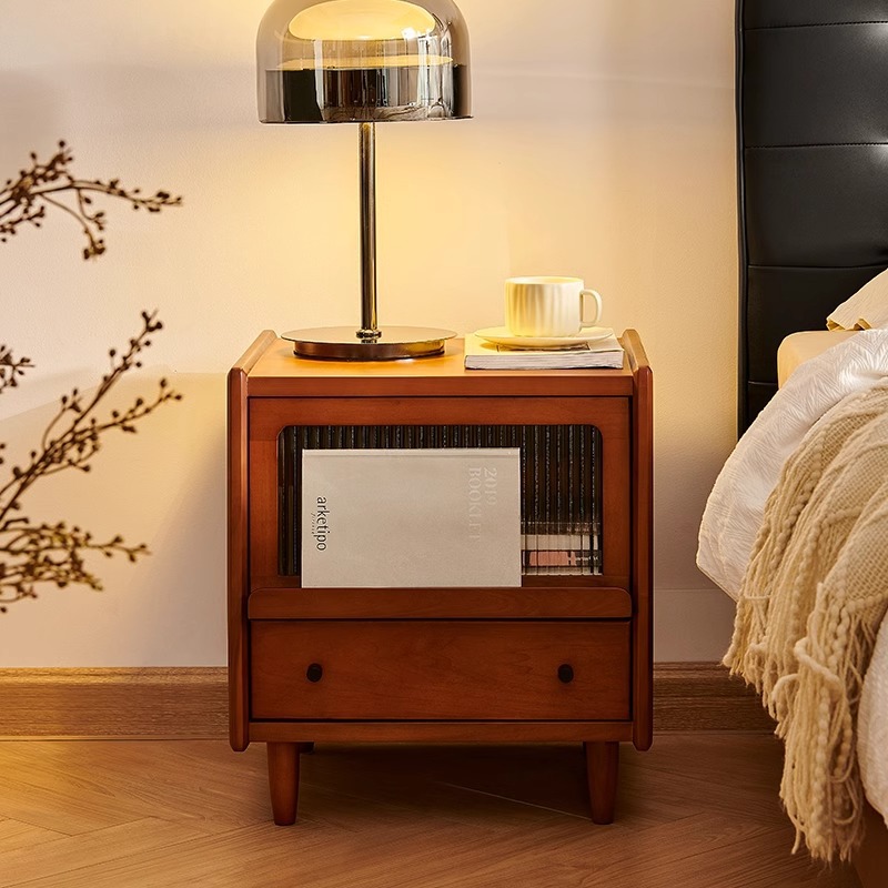Mesita de noche de madera maciza retro, armario de almacenamiento simple para dormitorio, armario de almacenamiento pequeño de mediana edad para el hogar, armario de almacenamiento junto a la cama