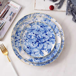 欧式蓝色绣球花创意图案陶瓷盘酒店餐厅植物主题餐盘西餐摆台套装