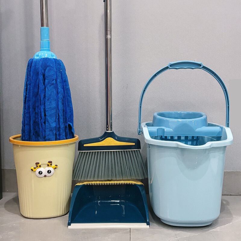 【5-Piece Set】Mop Bucket with Wheels, Fiber Towel Mop, Broom, Dustpan, Trash Can, Tool with Rotating Dehydration Function