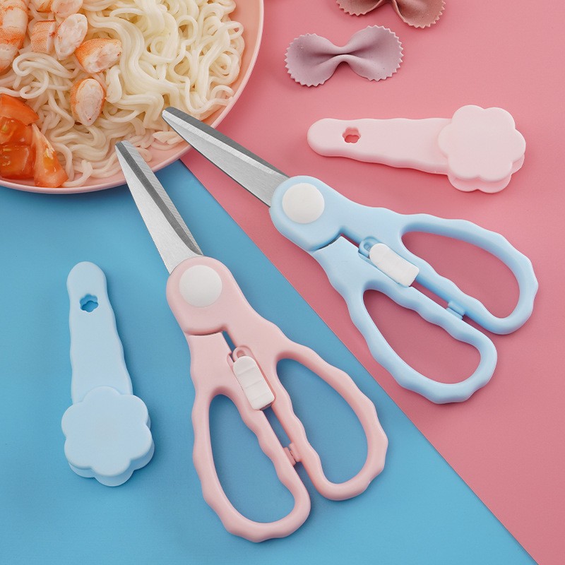 Wave-shaped stainless steel baby food scissors with cover, baby scissors for food, portable home kitchen shear