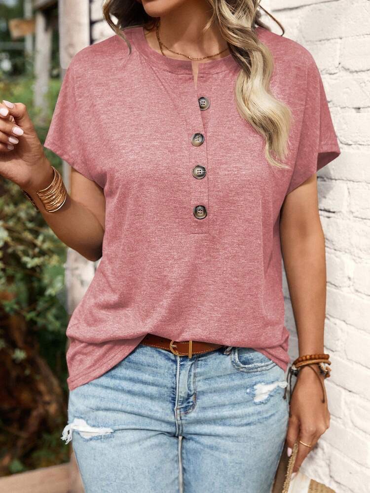 T-shirt basic da donna a tinta unita, a maniche corte, casual, con bottoni, ideale per la primavera e l'estate._voghion.com