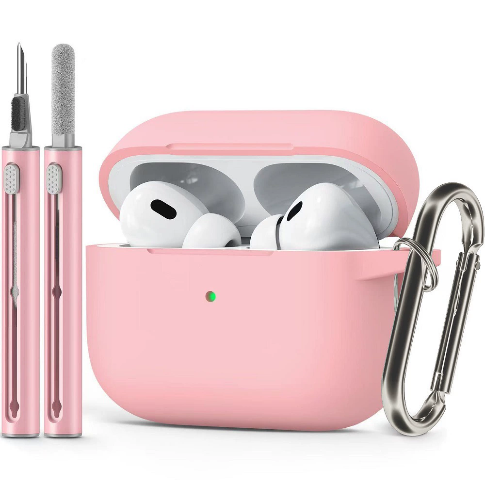 Защитный чехол (совместим с Apple AirPods) с однотонным карабином и чистящей палочкой, лёгкий