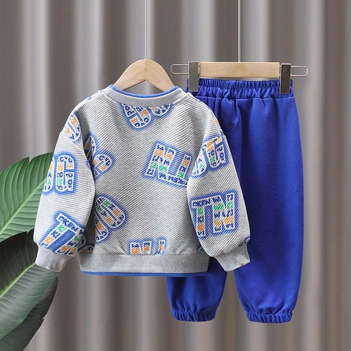 Spring and autumn boys' suits, autumn suits for older children, long-sleeved fake two-piece sweatshirts, casual pants, western-style sportswear two-piece sets