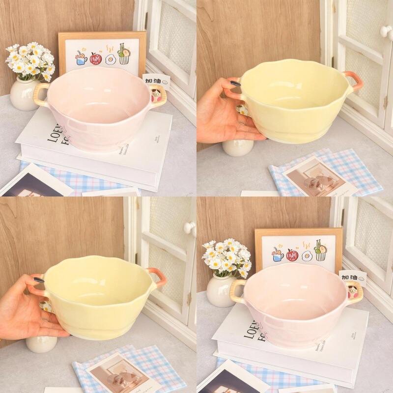 Double-handled soup pot in candy colors, ceramic with underglaze decoration, high-temperature resistant, suitable for one person, instant noodle ceramic tableware set