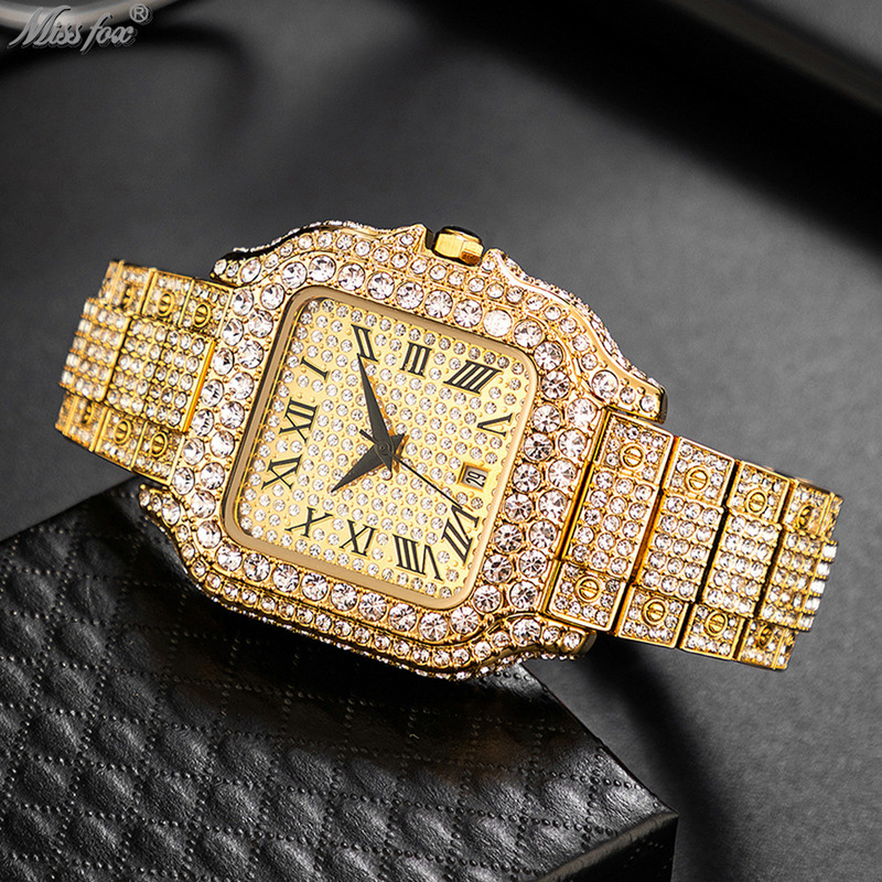 MISSFOX Watch Live Explosions European and American Hip Hop Ice Watch Full Diamond Square Roman Graduated Men's Quartz Watch