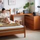 Hongyang furniture Windsor bed Japanese retro solid wood double bed all solid wood cherry wood log technology leather soft bed
