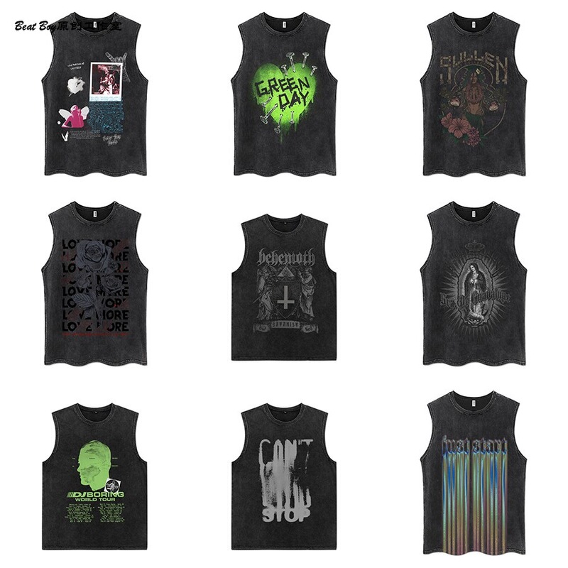 European and American Dark Hiphop Washed Distressed Sleeveless T-Shirt Men's Trendy Hip-Hop American Ins Trendy Loose Sports Vest