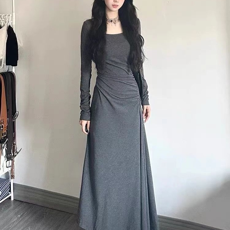 法式长袖灰色连衣裙子女收腰气质垂坠感显身材内搭包臀长裙早秋季|undefined
