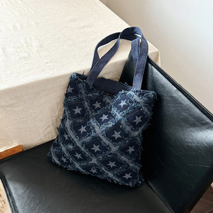 2024 New Bucket Bag Star Raw Edge Tassel Shoulder Bag Autumn Fashion Personalized Design Handbag Crossbody Bag