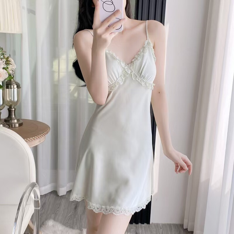 Popular Pajamas for Women in Spring and Summer, New Ice Silk Nightgown, Lace Suspender Nightgown, Thin Imitation Silk Home Clothes