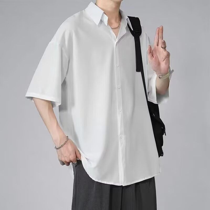 Short-Sleeve Shirt for Men, Summer Thin Trendy Loose Plus-Size Drape Wrinkle-Resistant Shirt, Stylish for Big Guys, Versatile Half-Sleeve
