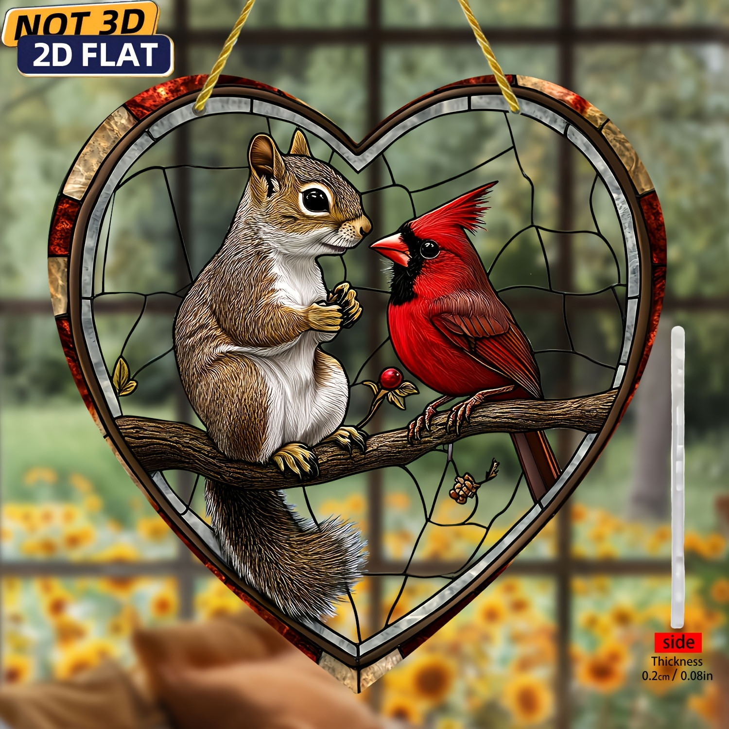 2D平面设计带有松鼠和红雀图案的捕光器园艺亚克力创意标志挂饰