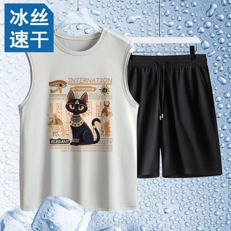 Спортивный комплект для мужчин Летний тонкий 2025 новый сетчатый жилет шорты полный набор для подростков с ледяным шелком
