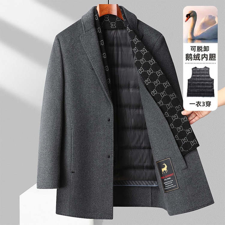 Men's Autumn/Winter New Thickened Double-Sided Wool Coat with Goose Down Lining, Casual Light Business Warm Outerwear